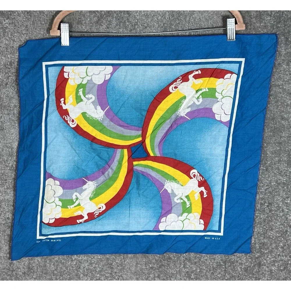 Vintage Unicorn Rainbow Bandana Scarf Handkerchief Blue USA Mythical Fantasy